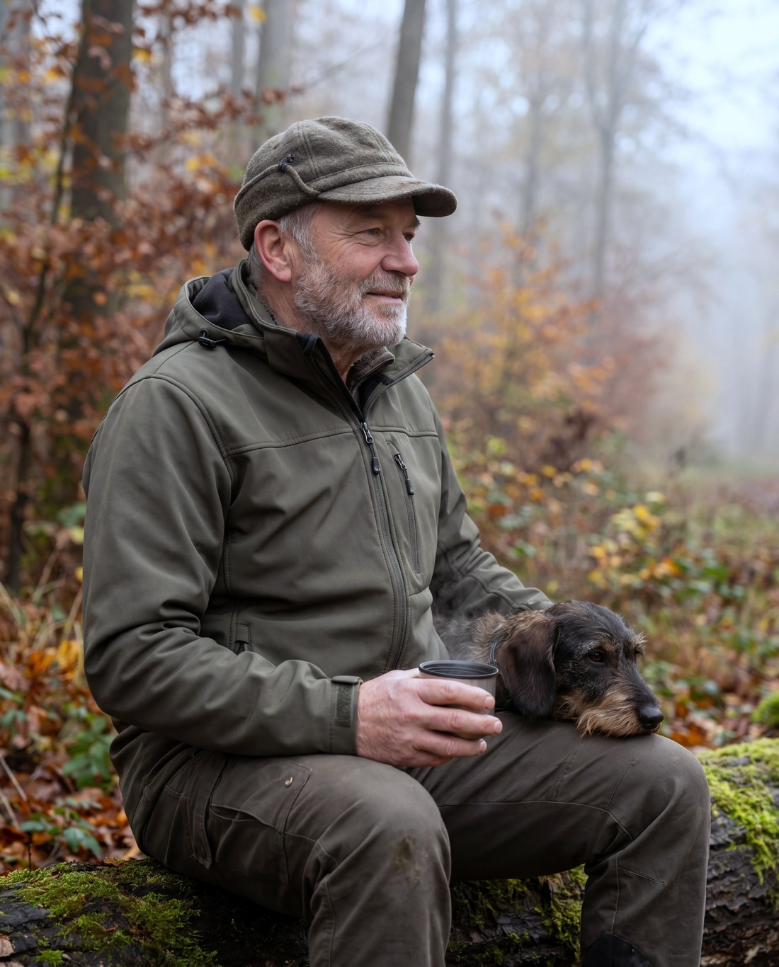 Jäger mit Jagdhund am herbstlichen Waldrand